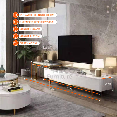 Milan Extendable TV Unit with Marble Extension and Stainless Steel Legs