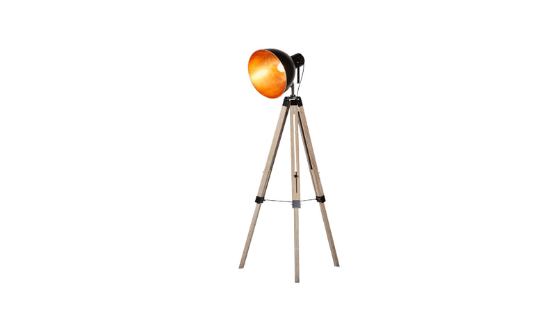 Tripod floor lamp with black/gold bowl shade