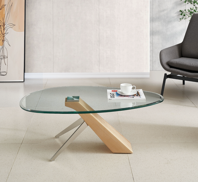 Arco Glass Coffee Table with Ash Wood Base and 12mm Tempered Glass Top